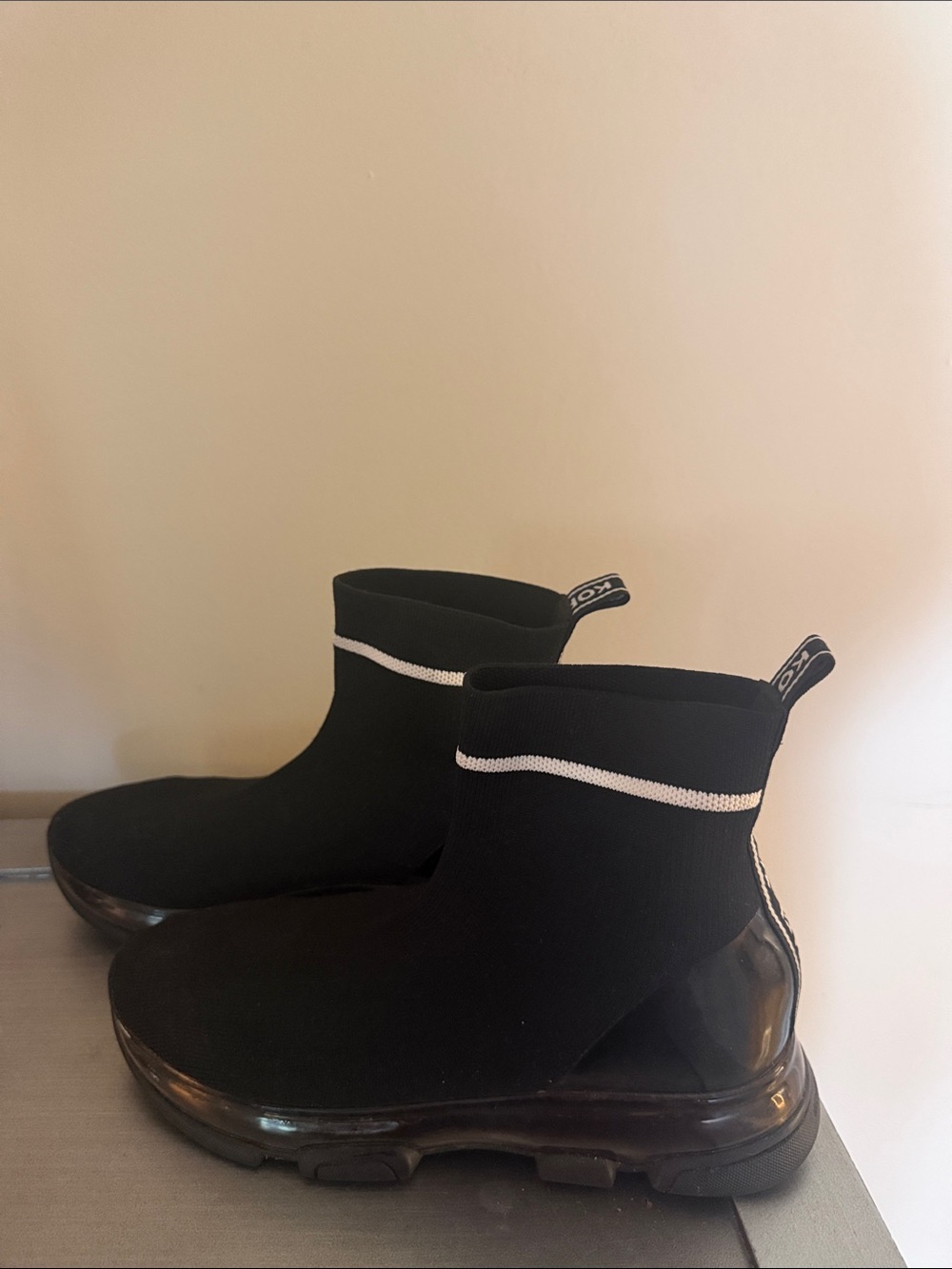 MK Black Knit Ankle Sneaker Boots with White Trim